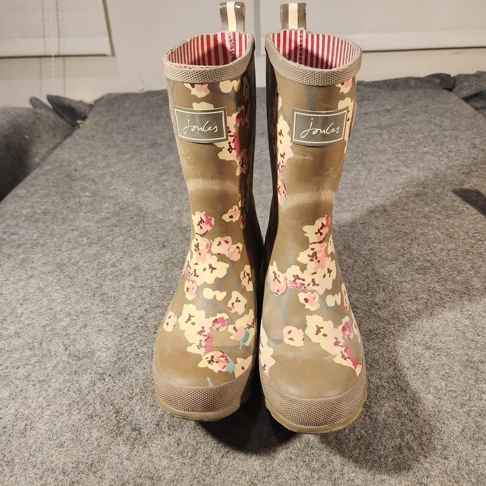 Joules‎ Rain Boots Womens Size 7 Brown Floral Mollywelly Rubber Wellies EU 38